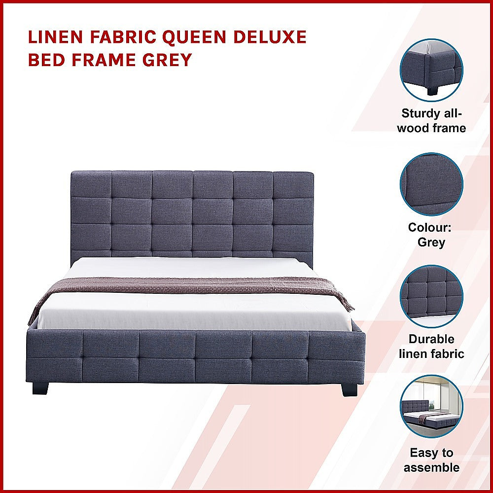 Linen Fabric Queen Deluxe Bed Frame Grey - Melbourne Home & Living