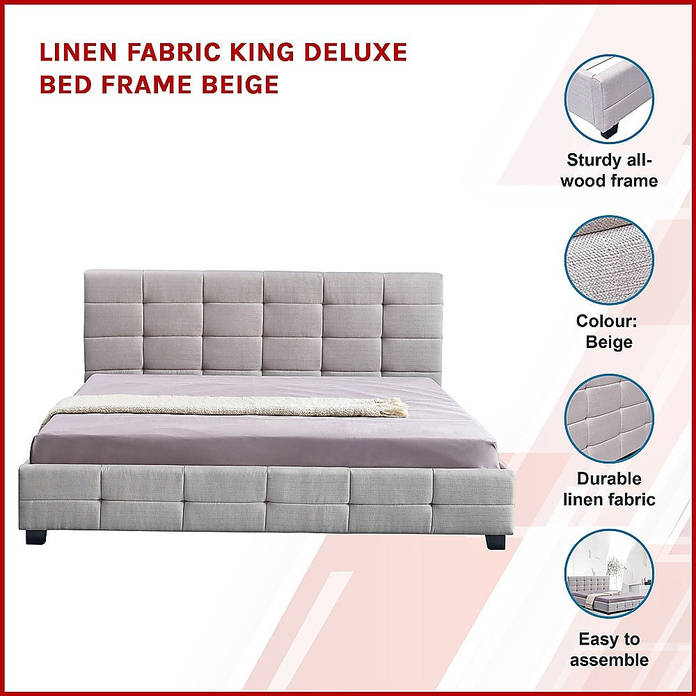 Linen Fabric King Deluxe Bed Frame Beige - Melbourne Home & Living