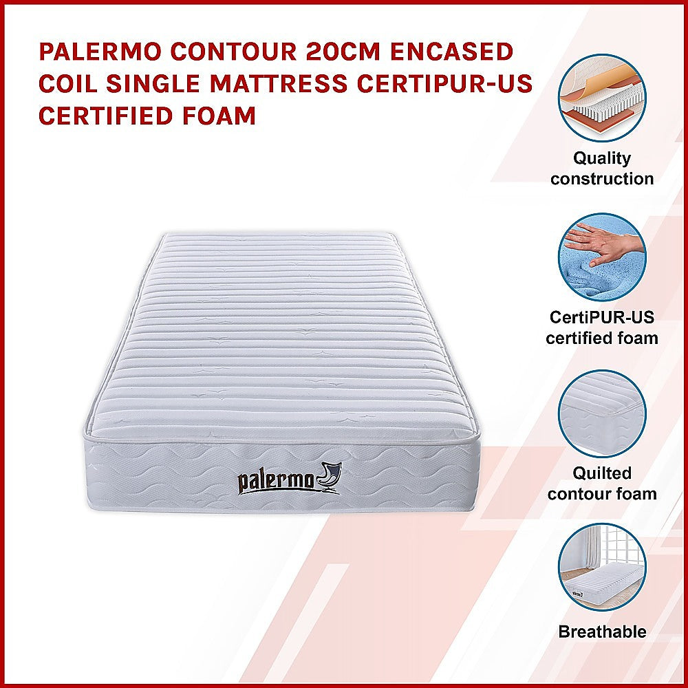 H&L Contour 20cm Encased Coil Single Mattress CertiPUR-US Certified Foam - Melbourne Home & Living