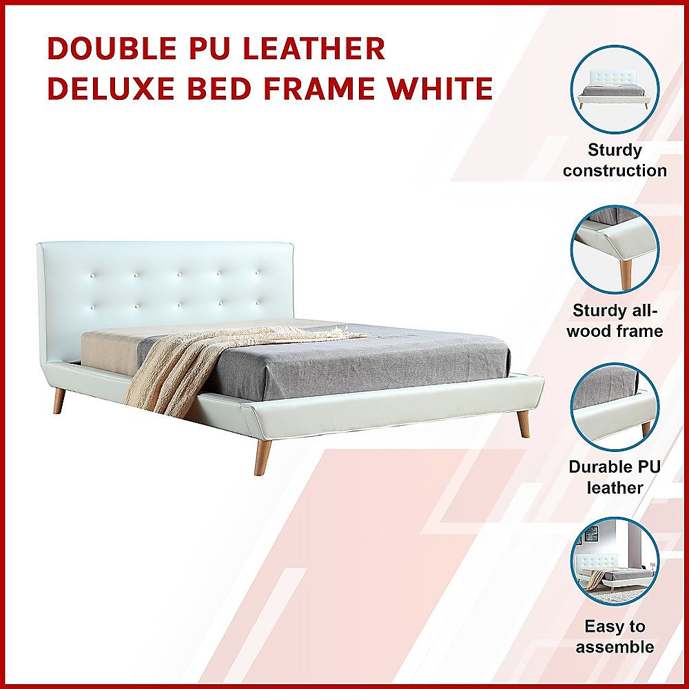 Double PU Leather Deluxe Bed Frame White - 137×187cm