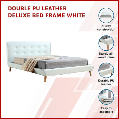 Double PU Leather Deluxe Bed Frame White - 137×187cm