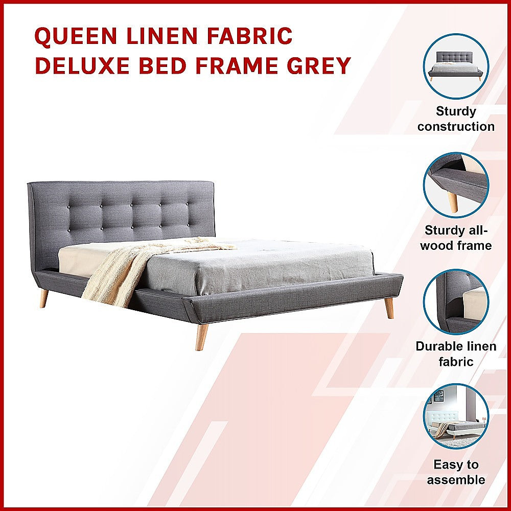 Queen Linen Fabric Deluxe Bed Frame Grey - Melbourne Home & Living