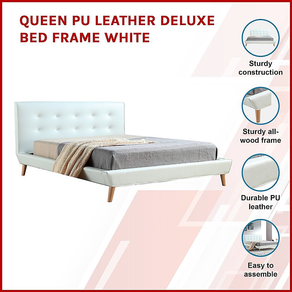 Queen PU Leather Deluxe Bed Frame White - Melbourne Home & Living