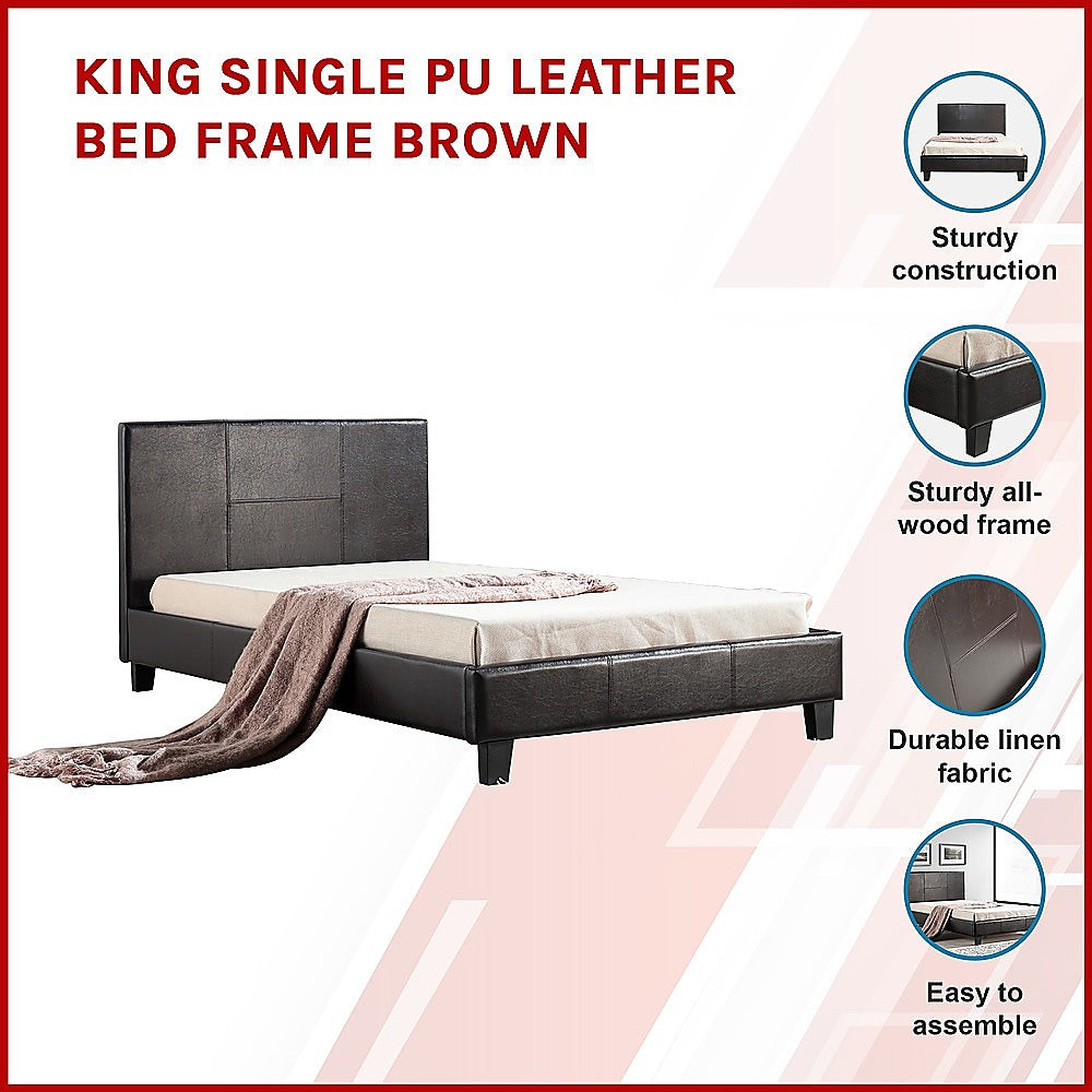 King Single PU Leather Bed Frame Brown - Melbourne Home & Living