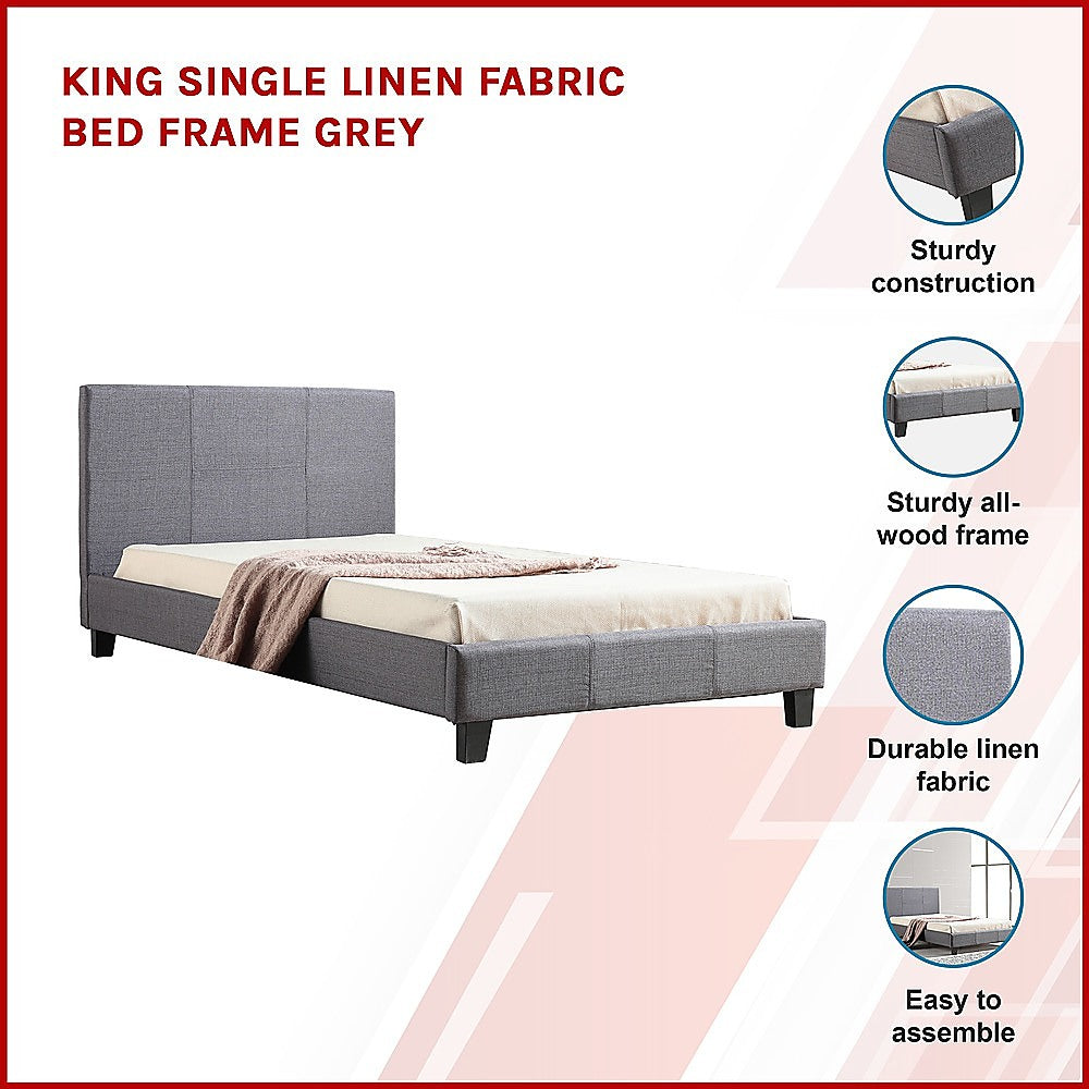 King Single Linen Fabric Bed Frame Grey - Melbourne Home & Living