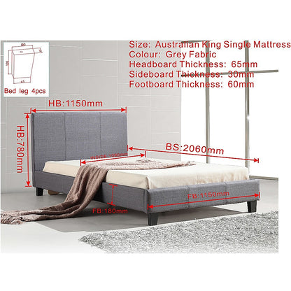 King Single Linen Fabric Bed Frame Grey - Melbourne Home & Living