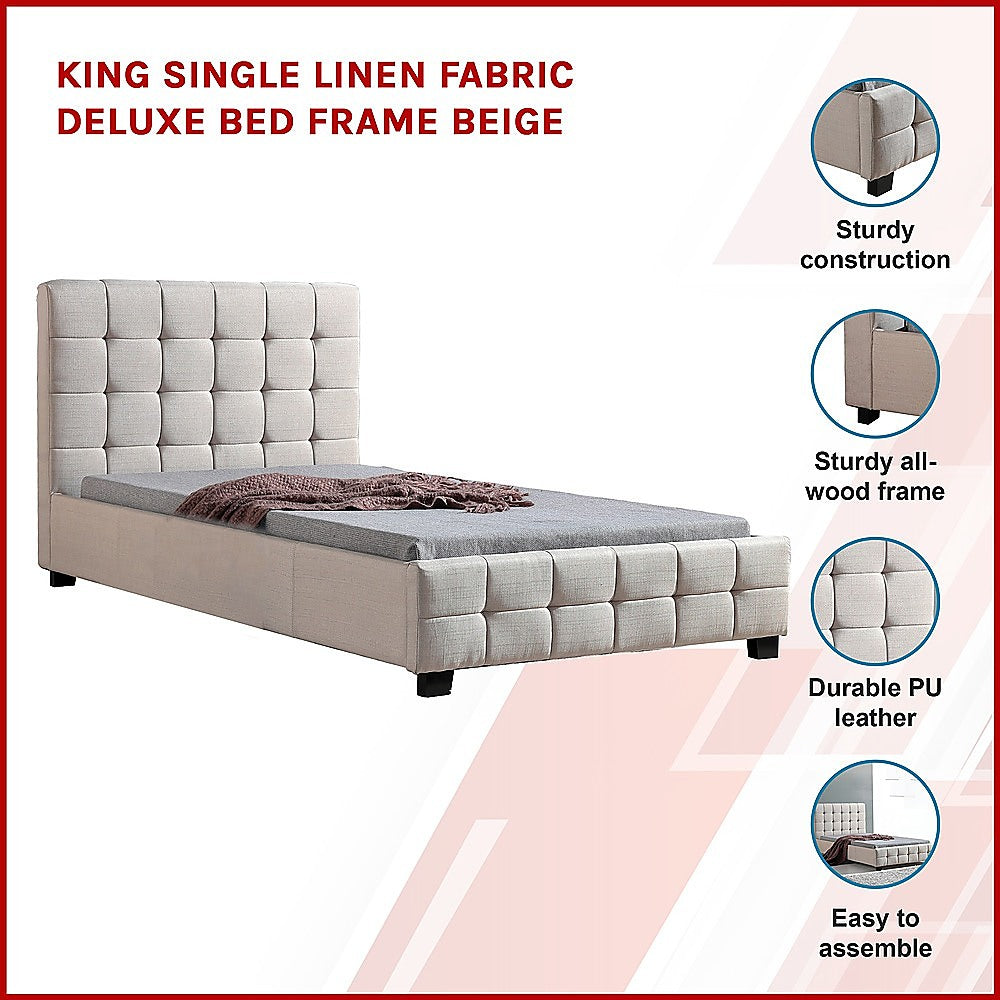 King Single Linen Fabric Deluxe Bed Frame Beige - Melbourne Home & Living