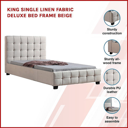 King Single Linen Fabric Deluxe Bed Frame Beige - Melbourne Home & Living