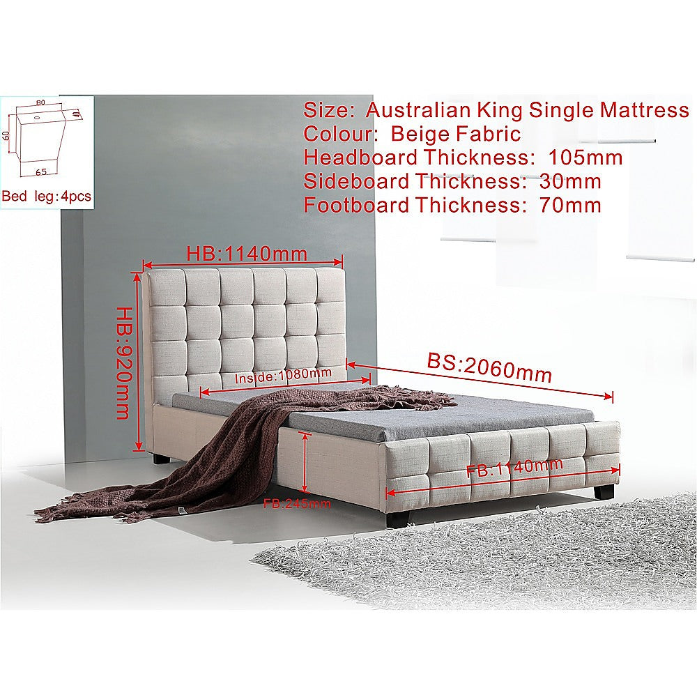 King Single Linen Fabric Deluxe Bed Frame Beige - Melbourne Home & Living