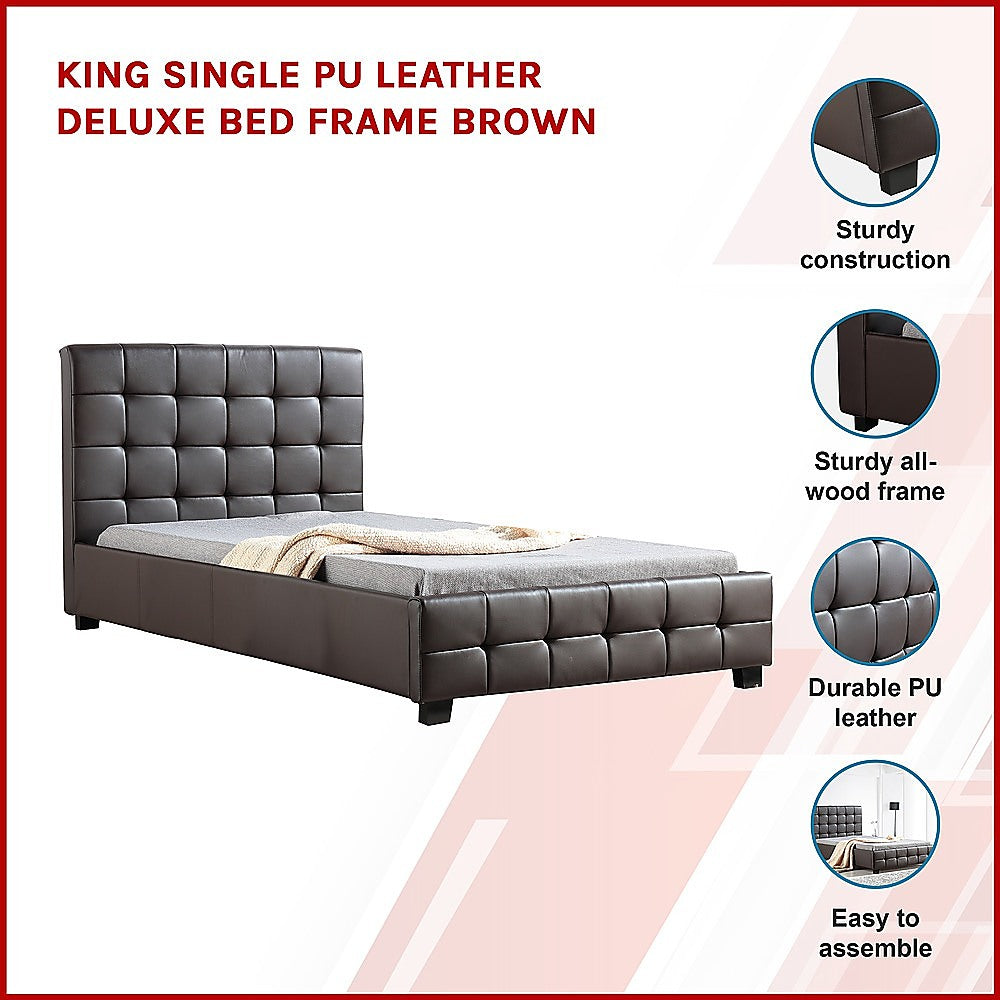 King Single PU Leather Deluxe Bed Frame Brown - Melbourne Home & Living