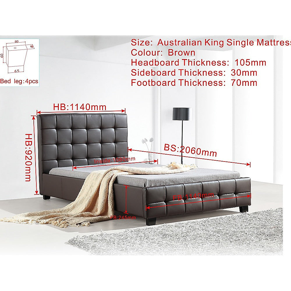 King Single PU Leather Deluxe Bed Frame Brown - Melbourne Home & Living