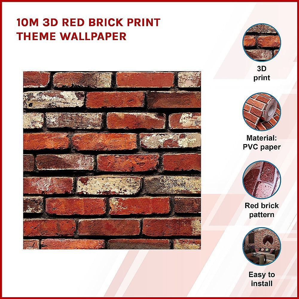 10m 3D Red Brick Print Theme Wallpaper - Melbourne Home & Living
