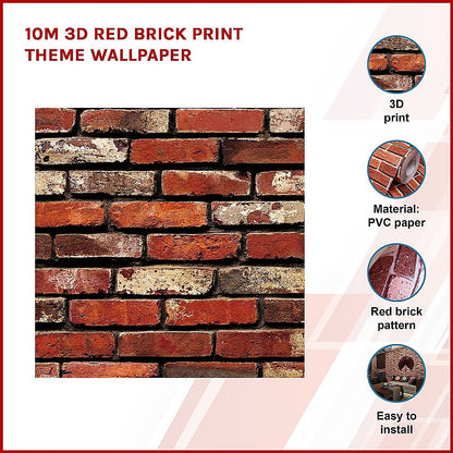 10m 3D Red Brick Print Theme Wallpaper - Melbourne Home & Living