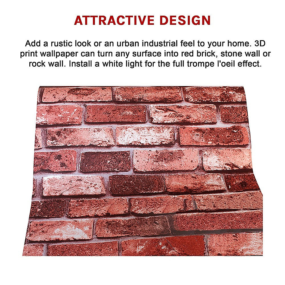 10m 3D Red Brick Print Theme Wallpaper - Melbourne Home & Living
