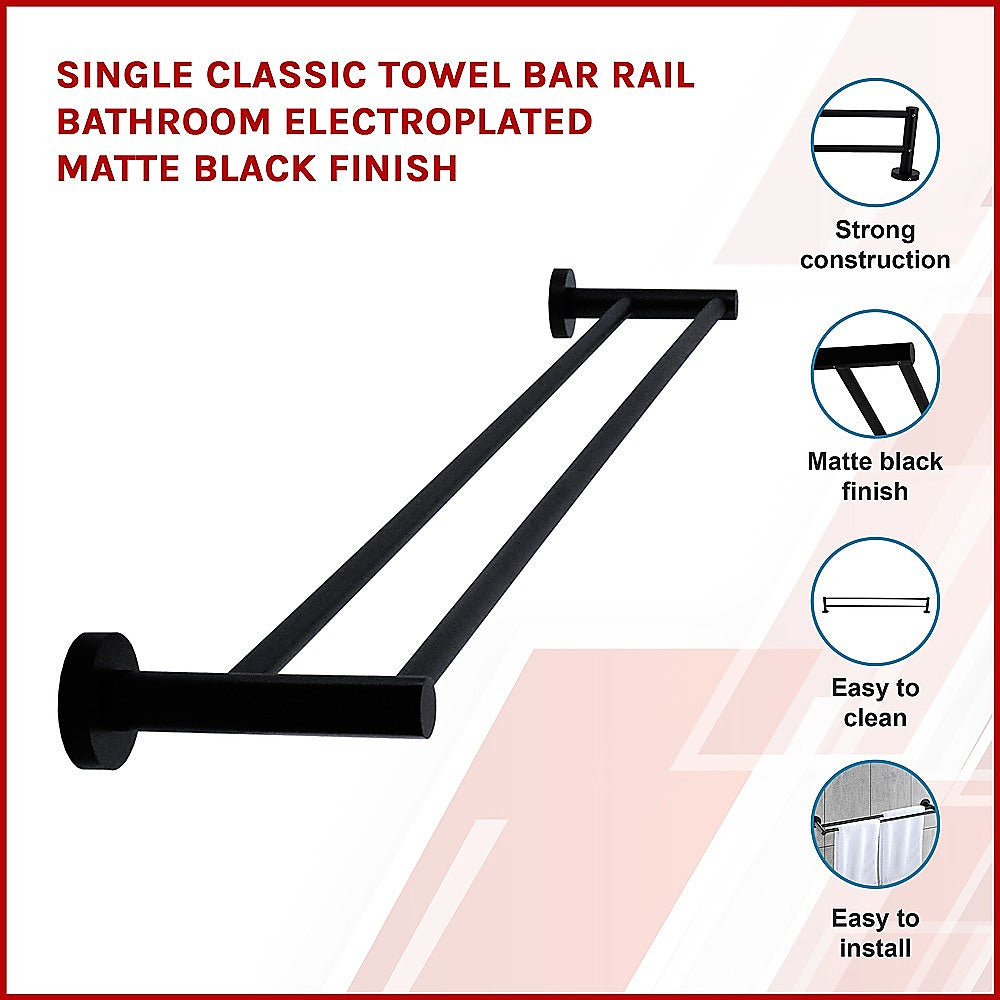 Single Classic Towel Bar Rail Bathroom Electroplated Matte Black Finish - Melbourne Home & Living