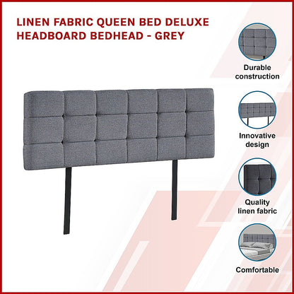 Stylish Linen Fabric Queen Bed Deluxe Headboard - Grey
