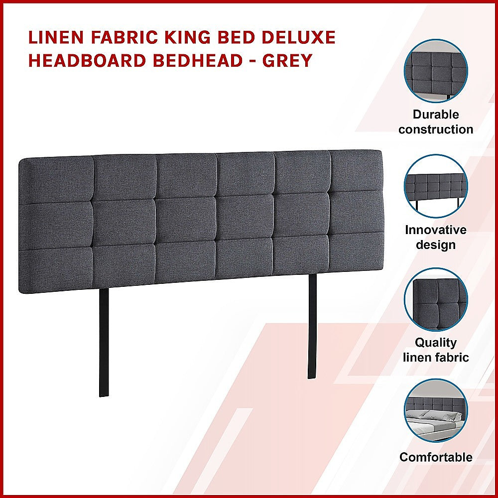 Majestic Linen Fabric King Bed Deluxe Headboard - Grey