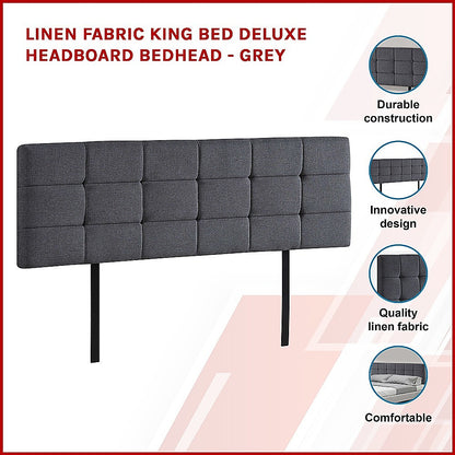 Majestic Linen Fabric King Bed Deluxe Headboard - Grey