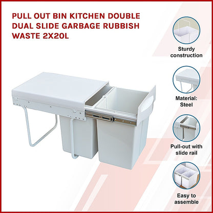 Pull Out Bin Kitchen Double Dual Slide Garbage Rubbish Waste 2X20L