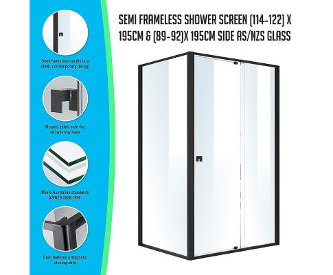 Semi Frameless Shower Screen (114~122)X 195Cm & (89~92)X 195Cm Side As/Nzs Glass