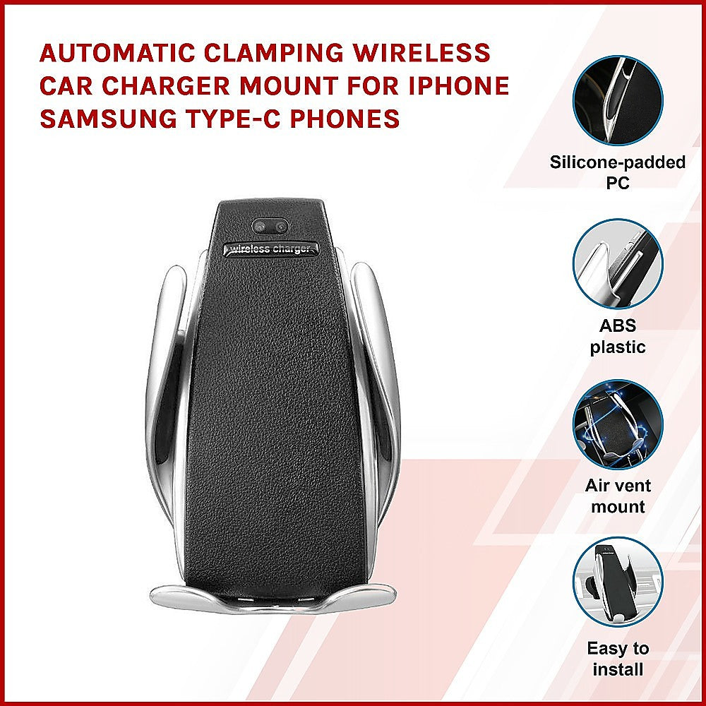 Automatic Clamping Wireless Car Charger Mount For iPhone Samsung Type-C Phones