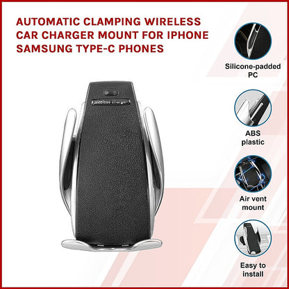 Automatic Clamping Wireless Car Charger Mount For iPhone Samsung Type-C Phones