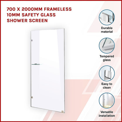 700 x 2000mm Frameless 10mm Safety Glass Shower Screen Chrome/Black