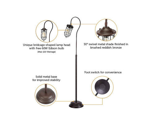 Industrial Floor Lamp With Adjustable Cage Shade Rustic Brushed In Bronze Finish
