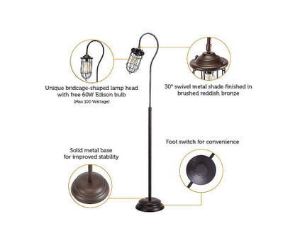 Industrial Floor Lamp With Adjustable Cage Shade Rustic Brushed In Bronze Finish