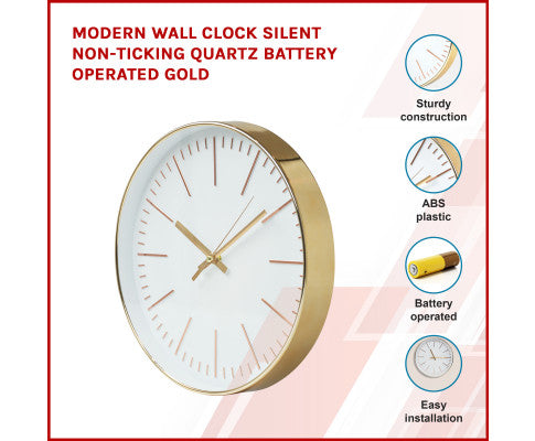 Modern Silent Wall Clock - Quartz Battery Operated Gold