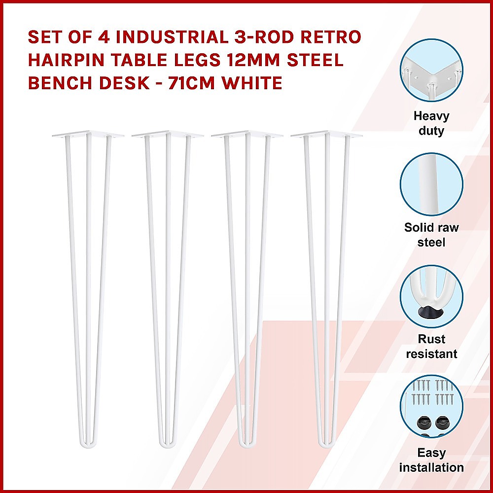 Set of 4 Industrial 3 - Rod Retro Hairpin Table Legs 71cm-White/Black