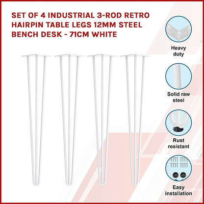 Set of 4 Industrial 3 - Rod Retro Hairpin Table Legs 71cm-White/Black