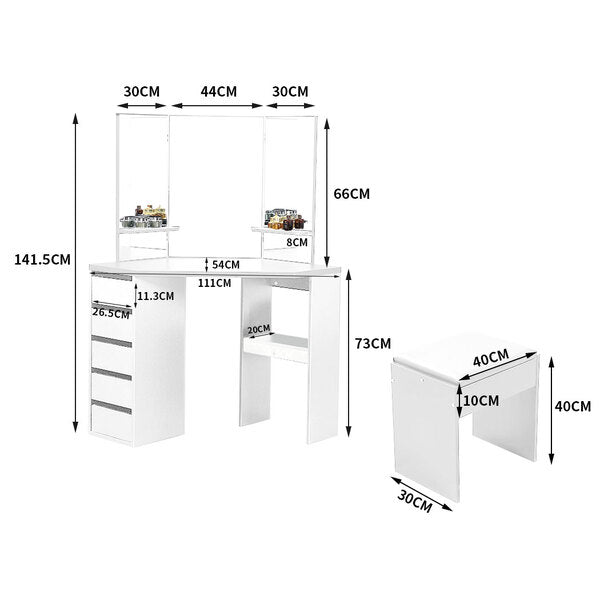 Dressing Table Stool Mirrors Jewellery Cabinet Organizer 5 Drawers White