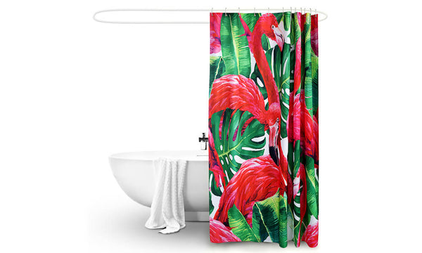  180x200cm Flamingo Print Waterproof Bathroom Shower Crutain with 12 Hooks