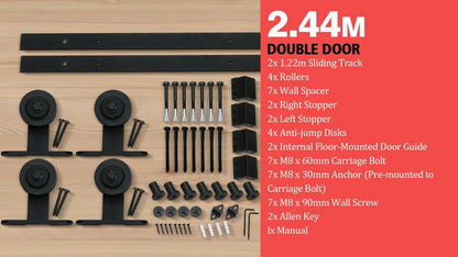 2.44M Antique Classic Style Double Sliding Barn Door Hardware Track Roller Kit