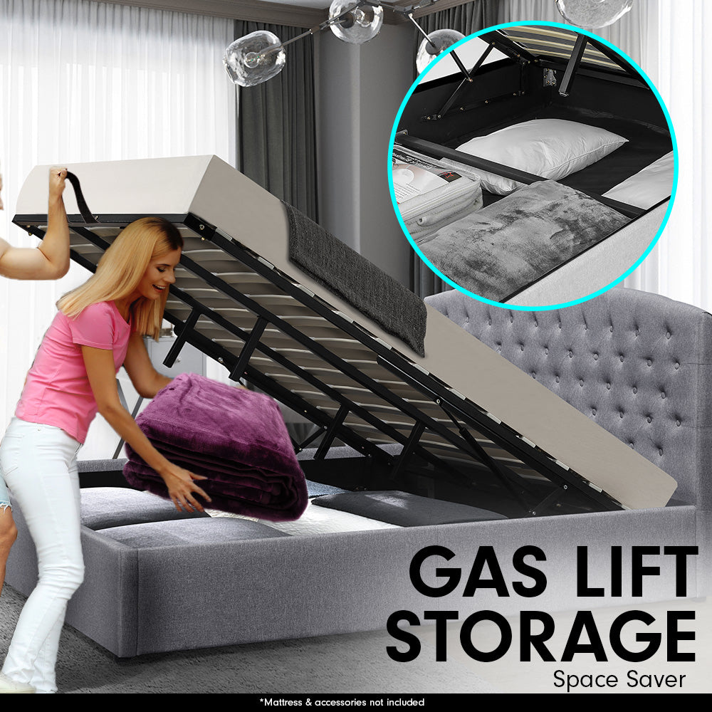 King Fabric Gas Lift Storage Bed Frame with Headboard - Dark Grey