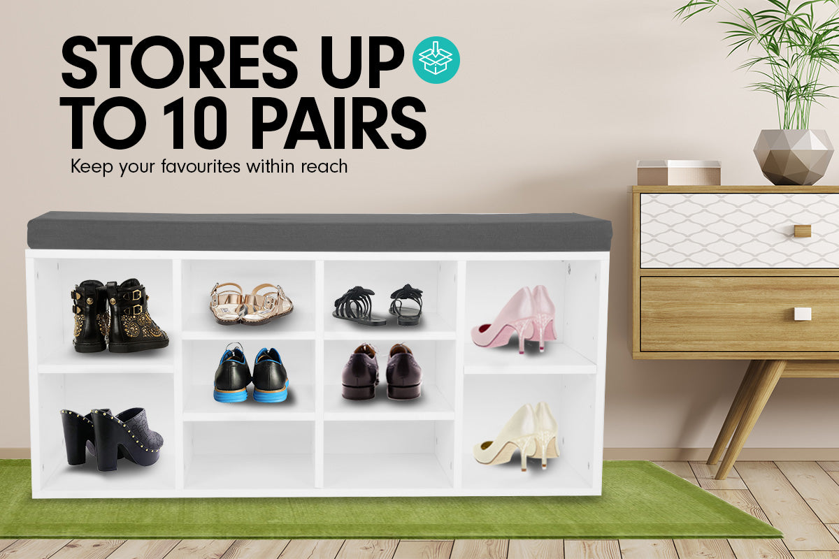Shoe Rack Cabinet Organiser Grey Cushion - 104 x 30 x 45 - White