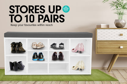 Shoe Rack Cabinet Organiser Grey Cushion - 104 x 30 x 45 - White