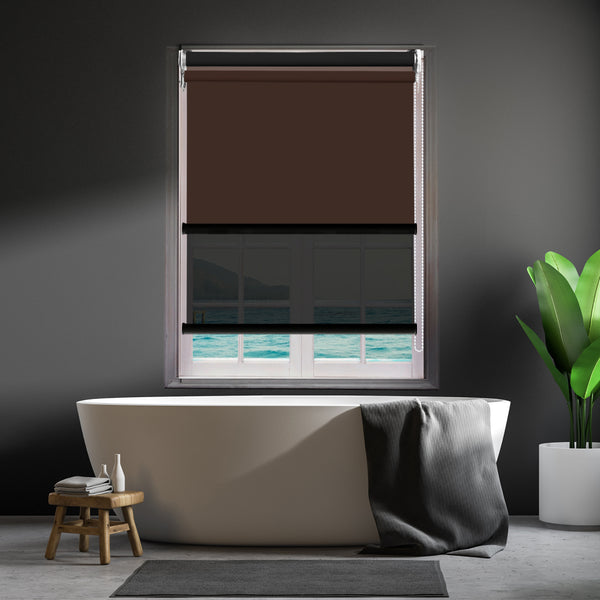  Modern Day/Night Double Roller Blinds Commercial Quality 180x210cm Coffee Black