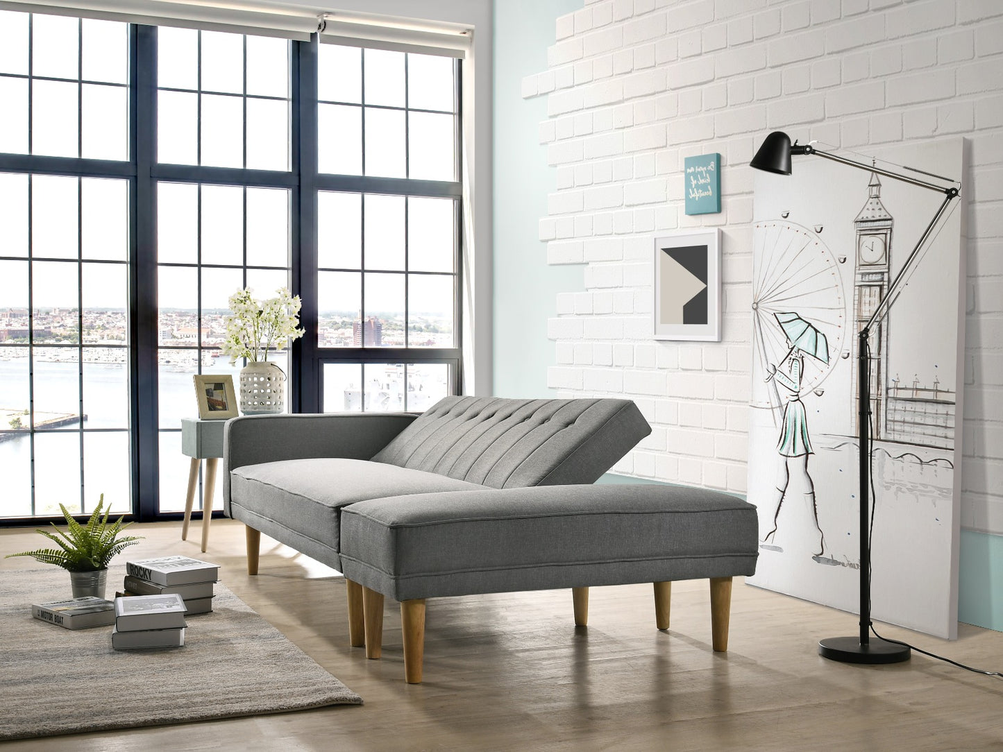 3 Seater Fabric Sofa Bed With Ottoman - Light Grey