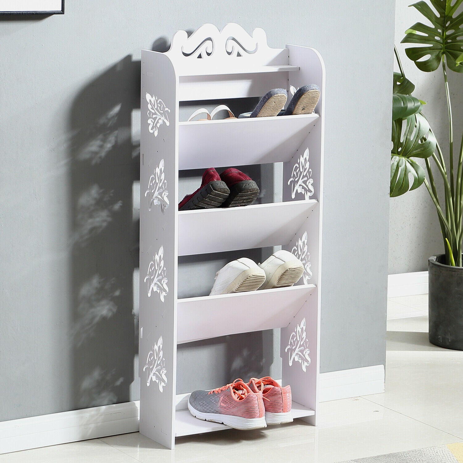 5 Tiers 43 Width Tilt Chic Hollow Shoe Rack Stand Storage Organiser Shelf