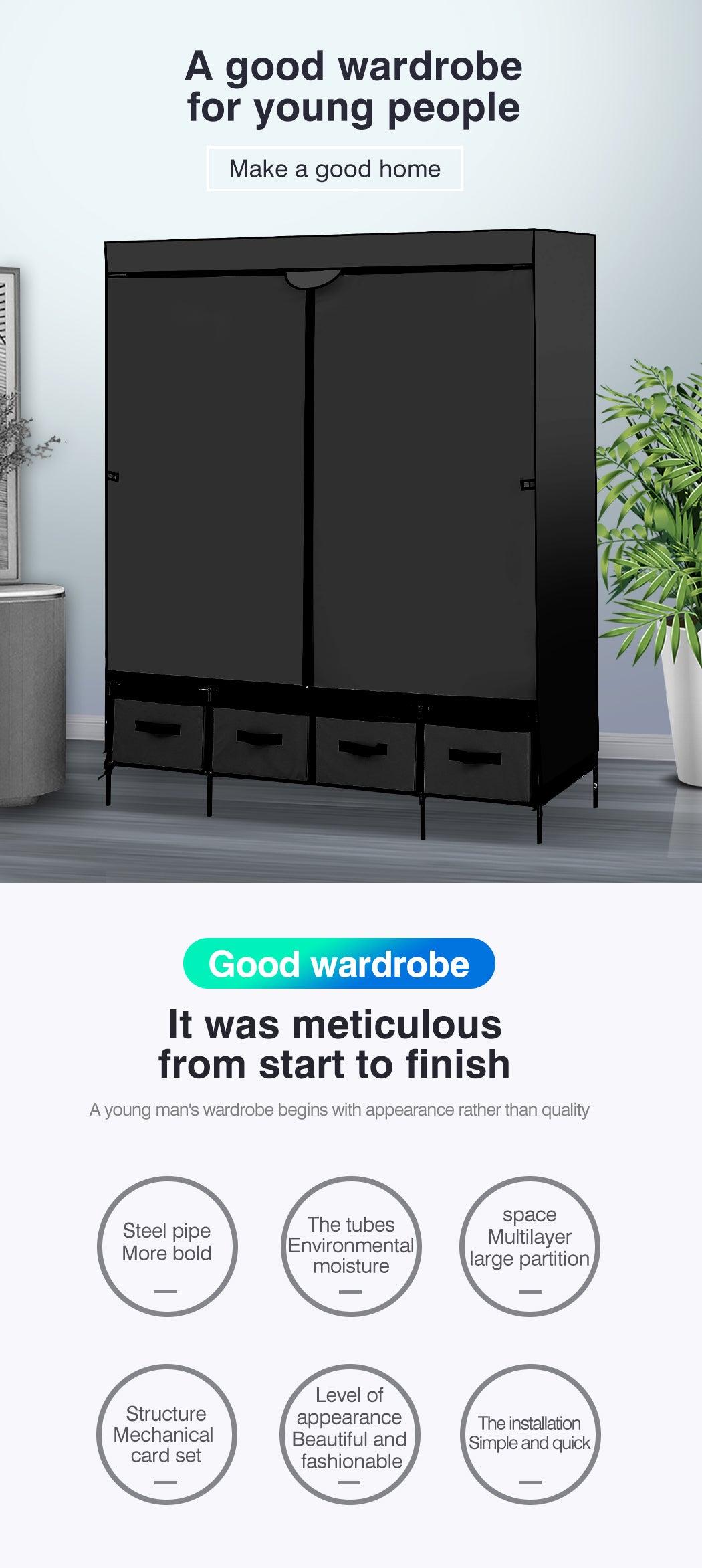 Stylish and elegant 4 Drawers portable wardrobe