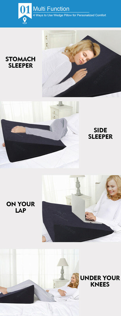 2x Cool Gel Memory Foam Bed Wedge Pillow Cushion Neck Back Support Sleep Cover - 61×61×30cm