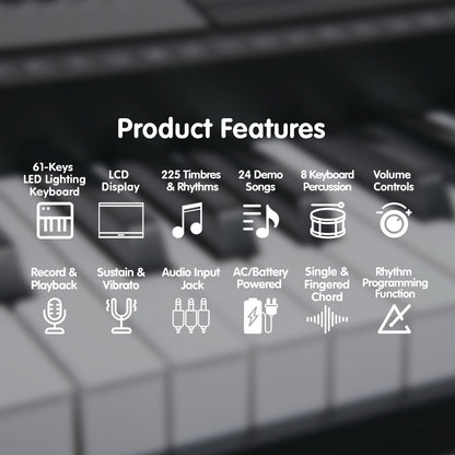 61 Keys Electronic Led Keyboard Piano With Stand - Black