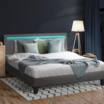 Experience the Stylish Grey Fabric Platform Bed Frame with Wooden Accents