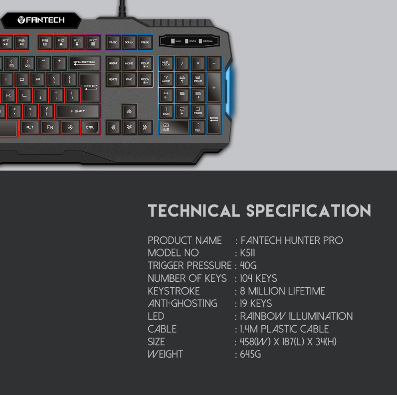 K511 Hunter Pro 104 Keys Gaming Keyboard