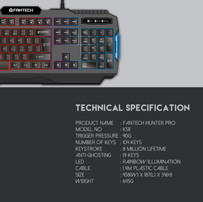K511 Hunter Pro 104 Keys Gaming Keyboard