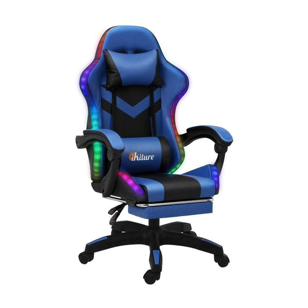 Gaming Chair with Massage and 135° Recline, PU Leather, Adjustable, Black & Blue