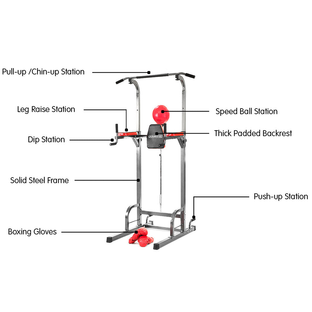 Powertrain Multi Station Home Gym Pull Chin Up Tower with Speedball