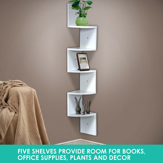 5 Tier Corner Wall Shelf Display Zig-tag Rack-White